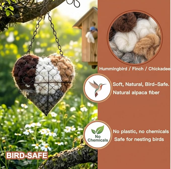 Handmade Alpaca Fiber Bird Nesting Heart, Refillable Nesting Material Accessory for Wild Birds, Outdoor Garden Decoration, Gift for Bird & Nature Lovers, Hummingbird Nesting Material (2 set)