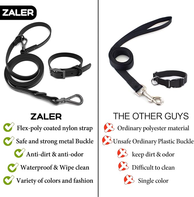 ZALER Dog Collar and Leash Set, Waterproof Adjustable Odor Proof Pet Collars Leashes Easy to Clean, 6FT Dog Leash with 2 Hooks for Large, Medium Small Dogs (XL, Black)