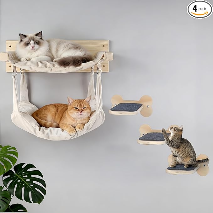 Wall Mounted Cat Double Hammock & 3 Steps, Pine Climbing Shelf & Perch Set, Multi-Function Wall-Mounted Cat Furniture for Sleep Play Climb, Easy DIY Installation