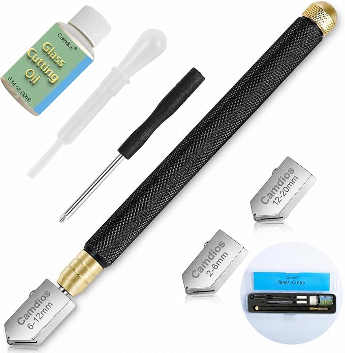 Glass Cutter 2mm-20mm, Glass Cutting Tool with Glass Oil & 3 Carbide Heads | 2-20 mm Glass Cutting, 3 Replaceable Carbide Heads, Automatic Oil Feed, Glass Cutting Oil, Mirror, Mosaic & Stained Glass
