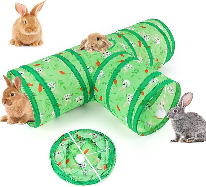 BWOGUE Bunny Tunnels & Tubes Collapsible 3 Way Bunny Hideout Small Animal Activity Tunnel Toys for Dwarf Rabbits Guinea Pigs Kitty