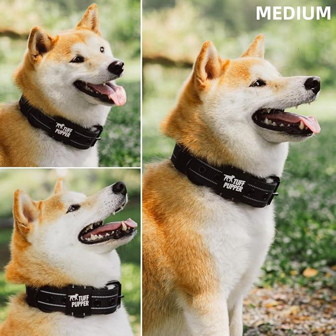 Tuff Pupper Heavy Duty Tactical Dog Collar | 1.5" Wide Ballistic Nylon | Reflective Stitching | Integrated ID Tag Holder | Stainless Steel Buckle | Padded Lining | Medium & Large Dogs (Black, Medium)