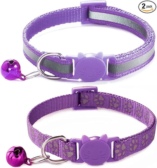 Purple Break Away Cat Collar with Bells, [2 Pack] Breakaway Kitten Collar with Bells, Reflective Cat Collar for Girl Cats Kitty