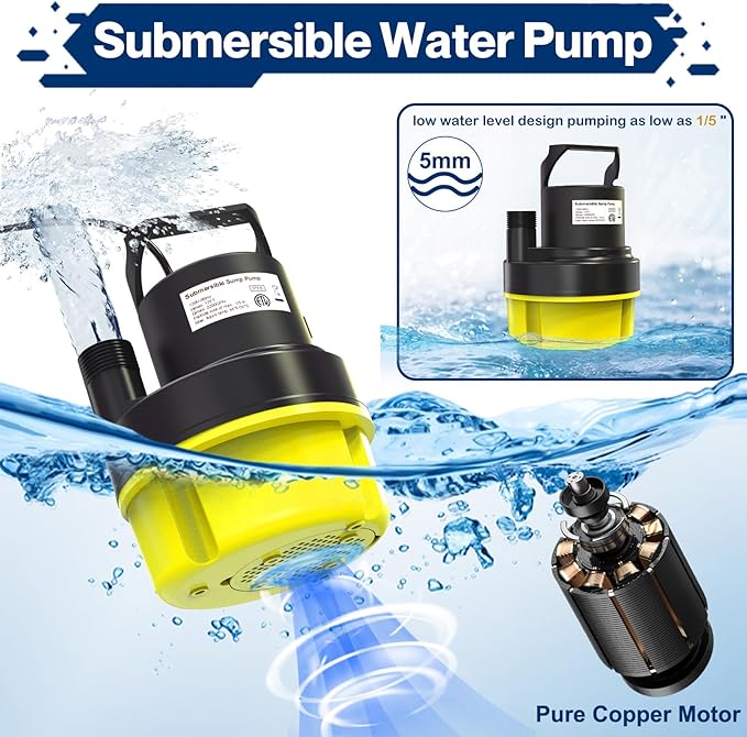 AgiiMan 1/2HP Submersible Water Pump, 2200GPH Portable Sump Pump for Pool Draining, Pool Cover Pump with 25FT Power Cord for Basements, Pool, Fountains, Hot Tub, Garden, Yellow
