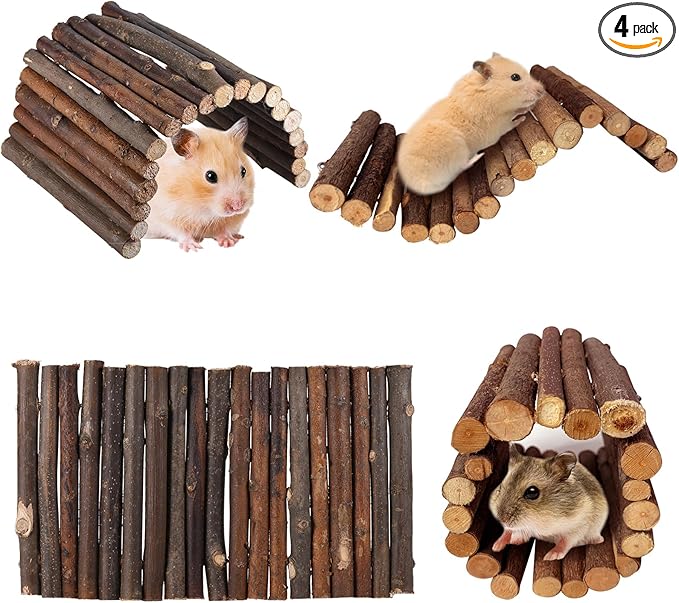 Hamiledyi 4PCS Hamster Bridge Wooden Bridge Toy Rat Ladder Natural Wooden Hideout Tunnel Ladder Hamster Cage Accessories Chew Toys for Guinea Pig Rat Chinchilla Reptile