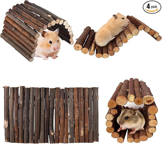 Hamiledyi 4PCS Hamster Bridge Wooden Bridge Toy Rat Ladder Natural Wooden Hideout Tunnel Ladder Hamster Cage Accessories Chew Toys for Guinea Pig Rat Chinchilla Reptile