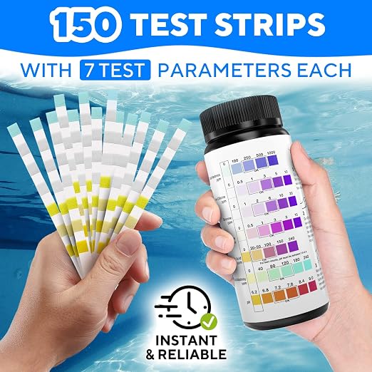 7-in-1 Accurate Pool Test Strips - 150 Hot Tub Spa Test Strips - Quick Pool Water Testing Kit - Bromine, pH, Hardness, Alkalinity, Chlorine & Cyanuric Acid - Perfect for Any Pools, Spa, Hot tubs
