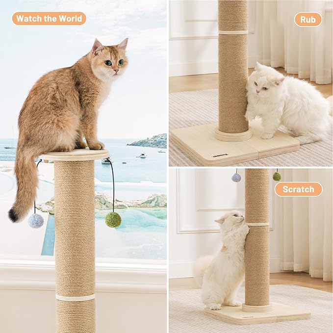 ZOMISIA 35'' Tall Cat Scratching Post, 4.7'' Large Scratch Post with Thicken Wooden Base for Indoor Cats Adults, Sisal Scratcher Top & Dangling Balls, Super Sturdy