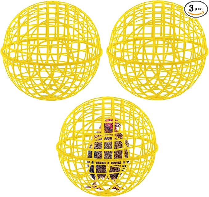 AceOrbit 3 Pcs 15 Inch Yellow Ball Chicken Animals Cage, Plastic Rolling Orb Movable for Chickens Rabbits Birds Pigeons, Outdoor Farm Range Portable Round Coop Hutch Safety Globe Prevents Dog Bites