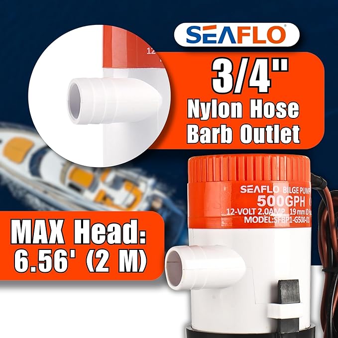 SEAFLO 01 Series 500 GPH Bilge Pump – 12V, 3/4" Outlet, Marine Submersible Pump with Anti-Airlock Protection, CE & Rohs Certified, 4-Year Warranty | Reliable for Boats and Marine Applications
