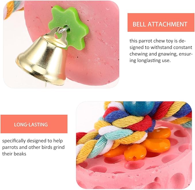 Bird Beak Grinding Stone with Bell for Parrots and Parakeets Natural Mineral Block Chew for Bird Beak Health Mental Stimulation and Cage Hanging Fun