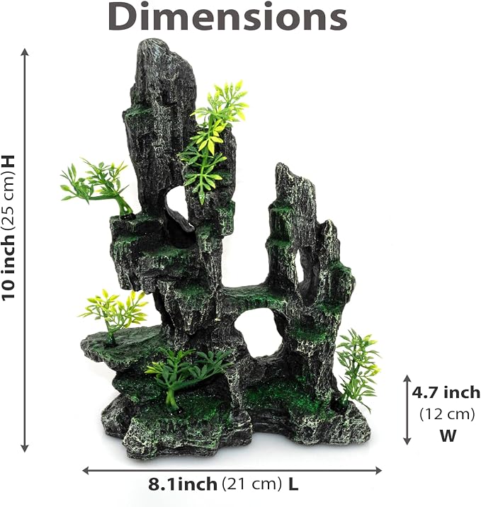 Aquarium Mountain View Stone Ornament, Large Resin Hideout Cave for Betta & Shrimp, Fish Tank Decor Rock Cave with Fish Cave and Hideouts (8.1" x 4.7" x 10")
