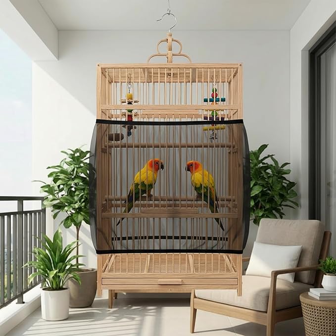 Adjustable Bird Cage Seed Catcher, Black Bird Cage Net Birdcage Cover Skirt Nylon Mesh Netting, Stretchy Birds Cages Guard for Parrot Parakeet Macaw African Any Cages Cover
