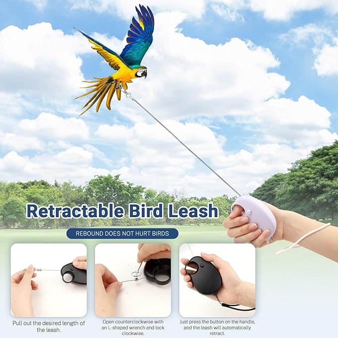 19.7FT Auto Retractable Bird Leash, Anti-Bite Wire Bird Harness, Adjustable Parrot Leash with 9 Sizes Alloy Foot Rings, Conure Cockatiel Parakeet Flying Training Rope