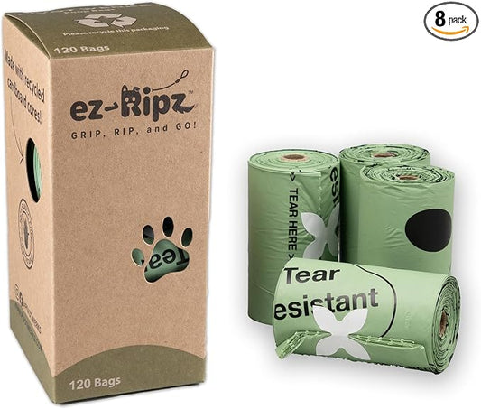 100% Compostable Doggie poop Bags, Plant Based, 8 Rolls of 15 each (120 Bags), Dog Poop pick up, Pet Waste Storage