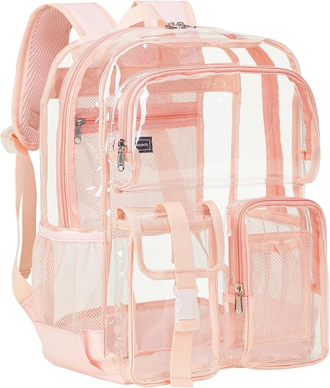 Vorspack Clear Backpack for School - Heavy Duty Transparent Bookbag for Girls Boys Large See Through backpacks for Work, College, Travel - Pink
