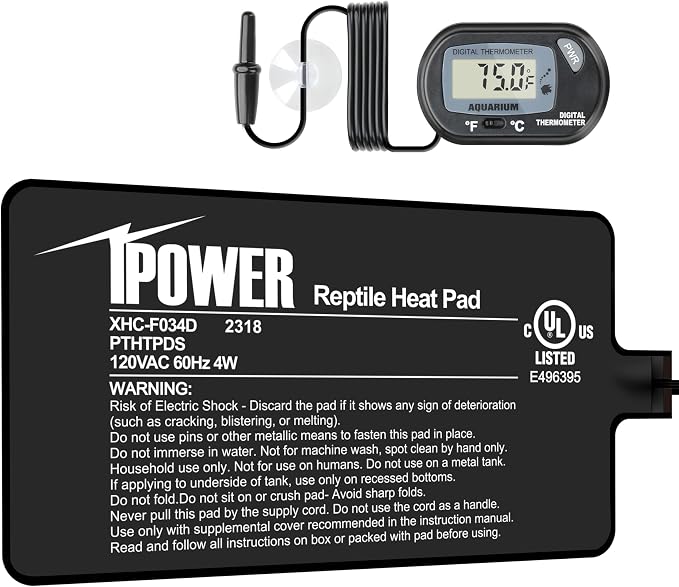 iPower 4 by 7-Inch 4W Reptile Heat Mat, LCD Digital Aquarium Thermometer, Under Tank Warmer Terrarium Heat Pad for Turtles Lizards Frogs and Other Small Animals, Multi Sizes