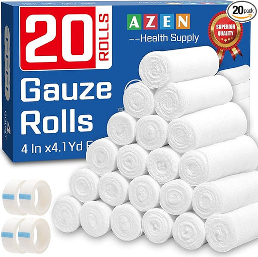 AZEN 20 Pack Gauze Rolls Bandages, 4 in x 4.1 Yards, Premium Medical Supplies & First Aid Supplies, Bandage Wrap Vet Wrap, Mummy Wraps
