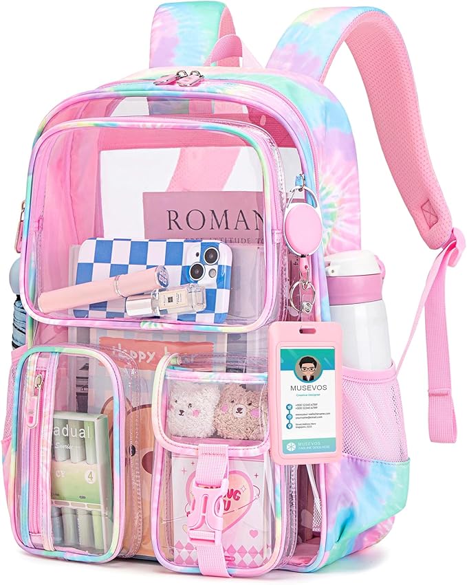 MUSEVOS Clear Backpack for School, Heavy Duty Clear Bookbag for Girls Boys Transparent Backpack with Badge Holder, Pink Tie-dye