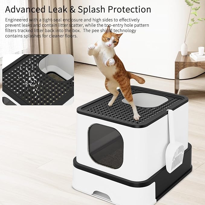 RIZZARI Stainless Steel Litter Box: Large Dual-Entry Enclosed Leakproof Design - Odor-Free Non-Stick Cleaning - Teflon Coating & Pull-Out Sifting Tray for Multi-Cat Homes - Use in Living Room