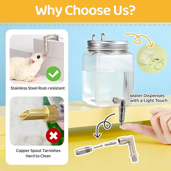 Bird Water Dispenser No Drip 10oz – Leak Proof Small Animal Water Bottle with Stainless Steel Needle Valve & 180° Rotatable Bracket for Parakeet Hamster Mouse Sugar Glider Gerbil