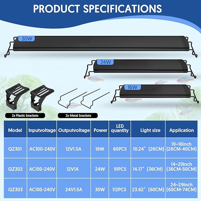 QZQ LED Aquarium Light, 16W Fish Tank Light with 24/7 Lighting Mode, Timer, DIY Mode, Adjustable Brightness, Full Spectrum Aquarium Plant Light with Extendable Brackets for 10-16 Inch Fish Tank
