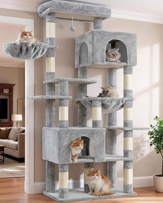 Heybly Cat Tree, 76-Inch Tall Heavy Duty Cat Tower for Big Cats with Extra Wide Baseboard, Multi-Level Large Cat Furniture with 2 Condos & 2 Hammocks, 10 Scratching Posts, Light Gray HCT039W