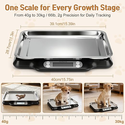 Digital Pet Growth Scale for Weight Tracking, Baby & Pet Scale for Kittens, Puppies, Cats and Small Dogs, 40g–30kg / 66lb Range, LED Display with Hold Function, Pet Tray & Record Card