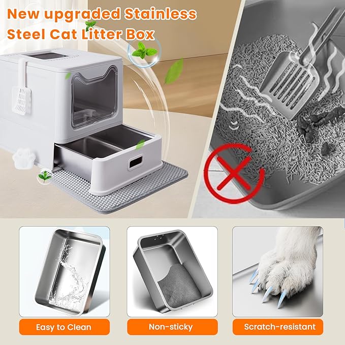 Stainless Steel Litter Box with Lid and Pull-Out Drawers, XL Metal Litter Box Top Entry for Big Cats, Leak-Proof Baffles for Easier Cleaning, with Litter Mat & Scoop