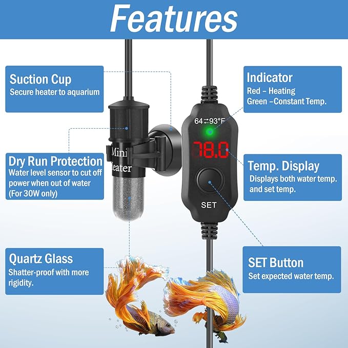 Super Mini Aquarium Heater 10W Betta Heater for 1-2 Gallon Tanks, Small Fish Tank Heater Turtle Heater with Dry-Run/Overheat Protection, Memory Function
