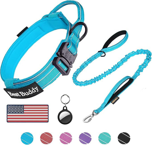 AUBELL Tactical Dog Collar and Leash Set, Reflective Adjustable Heavy Duty Military K9 Collars with Handle and Metal Buckle for Large Dogs, with Airtag Case and 2 Patches(Blue,L)