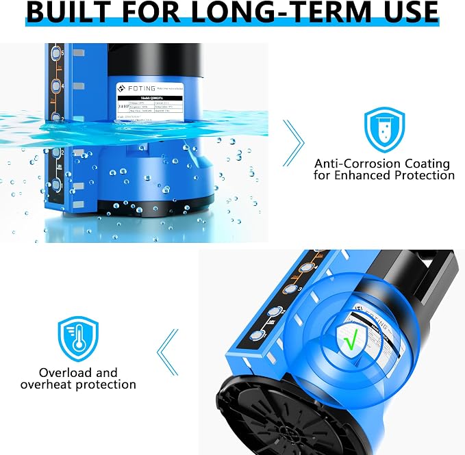 FOTING Sump Pump 3/4HP Automatic Submersible Water Pump, 2400GPH Thermoplastic Electric Portable Transfer Water Pump for Swimming Pool Garden Pond Basement with 16ft Cord, Drain Down to 0.04inch,Blue