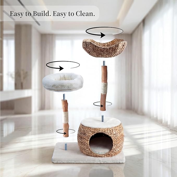 Leo & Lexi Modern Cat Tree Tower with Cave, Real Wood Cat Scratching Post with Bed for Indoor Cats Large Adult, Solid Wooden Climbing Tower, Cute Condo, Aesthetic Stand, Boho Luxury Pet Furniture