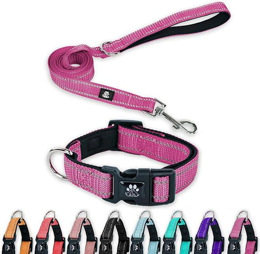 FURRYFECTION Reflective Dog Collar and Leash Set with Quick Release Buckle, Padded with Neoprene, Adjustable Nylon for Small, Medium and Large Dogs (Large Collar + 5FT Leash, Hot Pink)