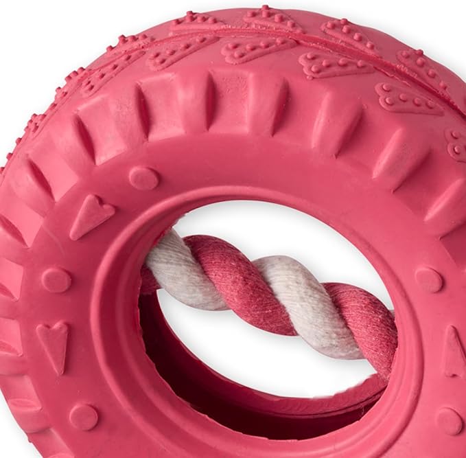 Pet Passion Natural Rubber Tire and Organic Cotton Rope Pull and Chew Dog Toy for All Pet Breeds, Pink, One Size