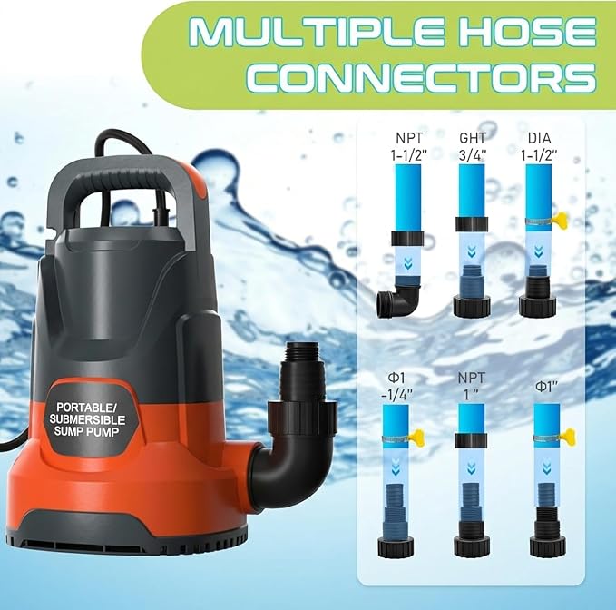 Sump Pump 1HP Submersible Water Pump 3700GPH Electric Thermoplastic | Swimming Pool Draining Transfer Water From Hot Tub Basement Garden Ponds Low Water Level 16.4FT Power Cord Portable