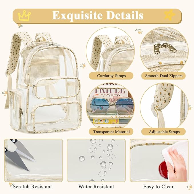 CAMTOP Clear Backpack Heavy Duty Transparent Bag See Through BookBag for Student School Work Festival Sport Travel (Beige Flower)