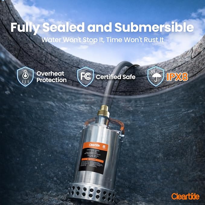 Stainless Steel Submersible Utility Water Pump, 3/4 HP 3780 GPH, Thermoplastic Portable Plug & Work, Ideal for Pool, Flooded Basement, Hot Tub, Pond & Garden Draining, 10 FT Cord