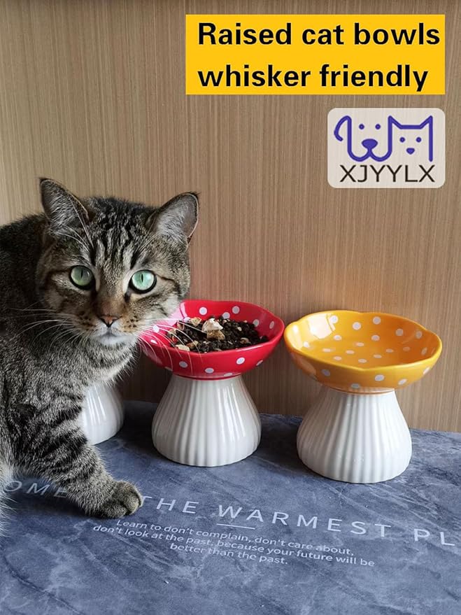 Elevated Mushroom Cat Bowls Ceramic 2 Pack, Raised Cat Bowl for Indoor Cats, Cute Whisker Fatigue Cat Bowl, Raised Dog Bowl Stand for Food and Water, Red+Yellow 6" Wide for Adult Cats