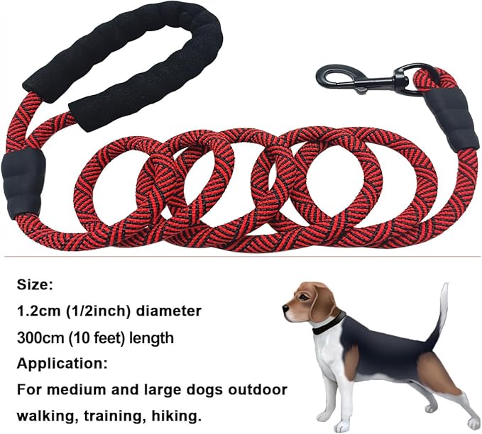 MayPaw Heavy Duty Rope Dog Leash, 3/4/5/6/7/8/10/12/15 FT Nylon Pet Leash, Soft Padded Handle Thick Lead Leashes for Large Medium Dogs (red Black, 1/2" * 10')