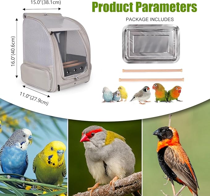 halinfer Front Zipper Opening Bird Carrier Backpack and Clamp Cups