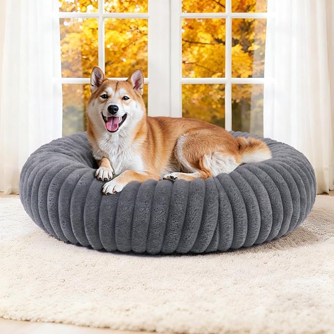 Calming Dog Bed Anti-Anxiety Donut Dog Beds for Small Medium Large Dogs,Washable Plush Fluffy Indoor Cat Kitten Round Cuddler Cushion (Deep Grey, Medium)