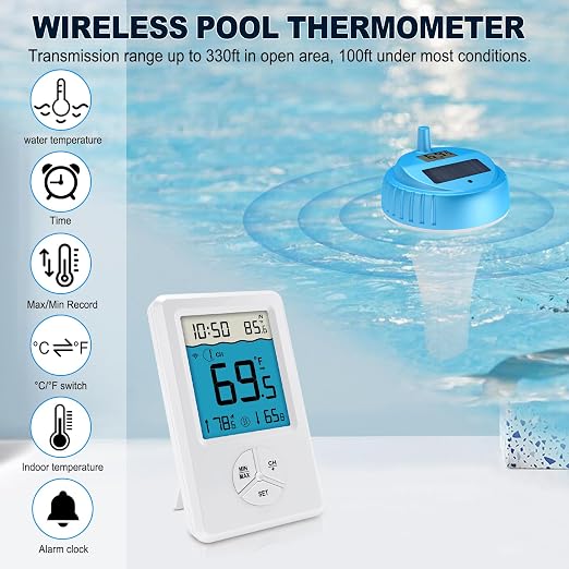 Pool Thermometer Floating Easy Read, Digital Wireless IPX8 Waterproof Thermometer with Indoor Temperature for Swimming Pool, Hot Tub Spa, Cold Plunge, Fish Tanks, Indoor Monitoring