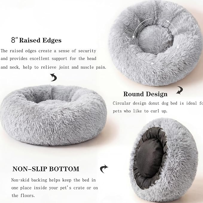 Calming Dog Bed for Medium Dogs Washable Donut 28 inches Anti-Slip Pet Bed,Round Fluffy Plush Faux Fur Cat Bed,Fits up to 40 lbs Pets,Frost Grey