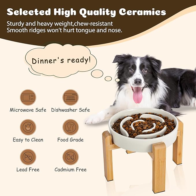 Elevated Slow Feeder Dog Bowl Large Breed, 8.4 Inch Ceramic Slow Eating Bowl with Bamboo Stand, Anti-Choking Raised Maze Design for Medium to Large Dogs, 3.2 Cup, Milky White