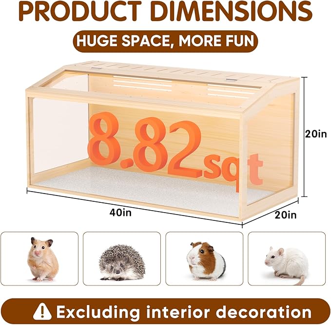 Wooden Hamster Cage, 40inch Large Hamster Cage Enclosure with Openable Top & Thickened Acrylic for Small Animals, Guinea Pig, Rabbit, Rat, 40"L x 20''W x 20''H Hamster Habitat with Multi-vent
