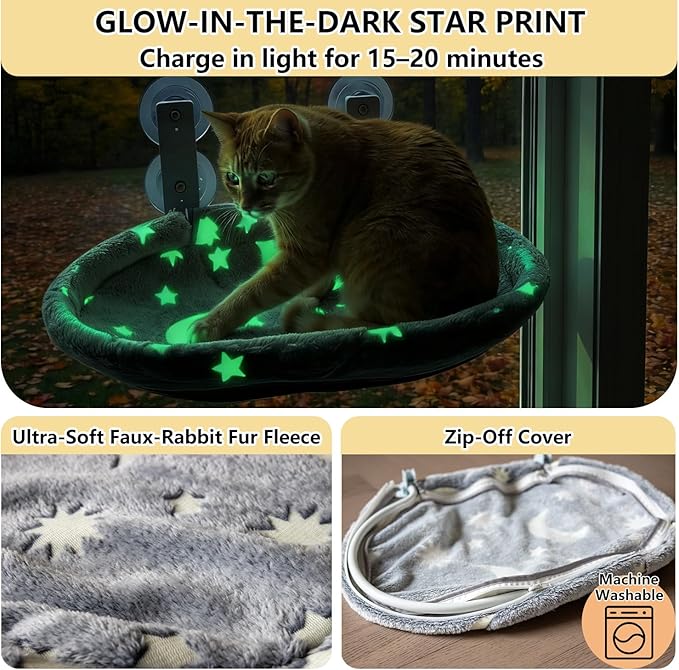 Cat Window Perch Hammock - Glow in The Dark Cordless Foldable Pet Bed with Sturdy Metal Frame & Strong Suction Cups, Star Print Resting Seat for Indoor Cats with Removable Washable Cover