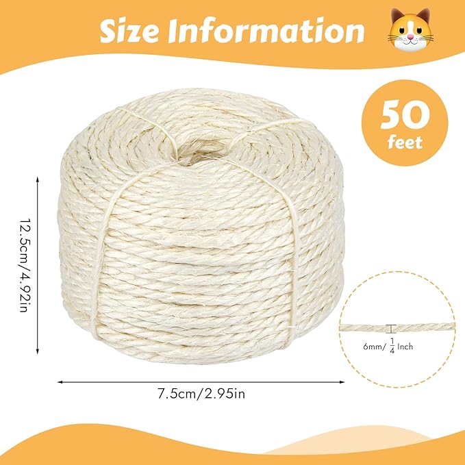 50 Feet Sisal Rope for Cat Scratching Post, 1/4 Inch White Cat Tree Rope, 1/4 Inch DIY Hemp Twine Rope for Repairing, Recovering Scratch Post Cats Tree Tower Replacement (White)