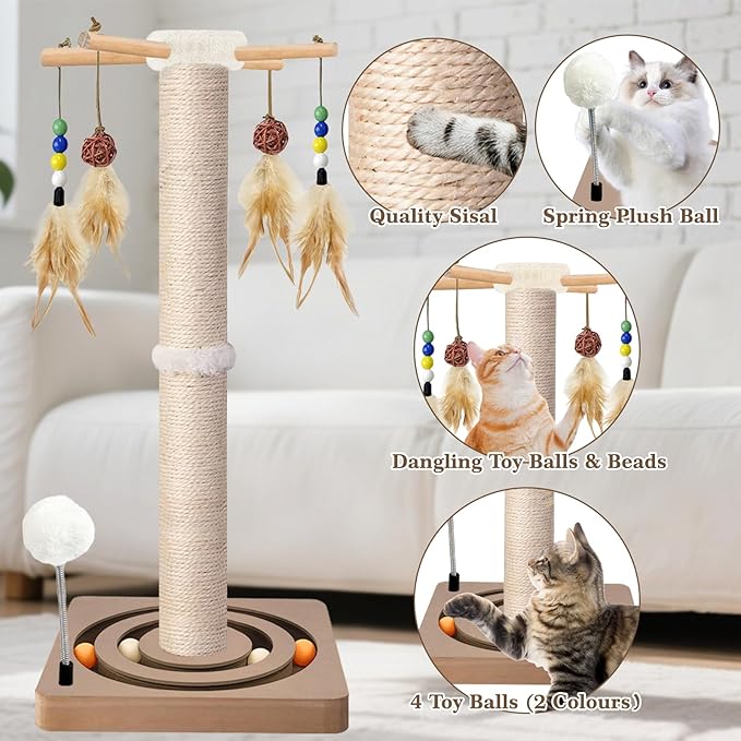 PAROTO Tall Cat Scratching Post, 33 Inch Sisal Cat Tree Tower Scratcher for Large Adult Indoor Cats, 2 Mounting Methods, Hanging Toys and Double Ball Track Activity Center