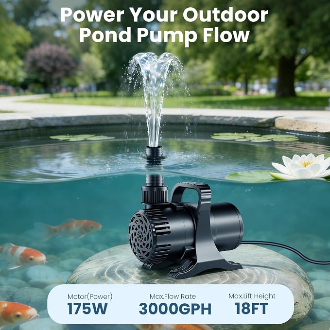 175W 3000 GPH Pond Pump, High Flow Heavy Duty Submersible Water Pump for Large Ponds, Fountains & Waterfalls, Ultra Quiet, Submersible & Inline Use, 20.3 ft Power Cord, Includes Filter Bag